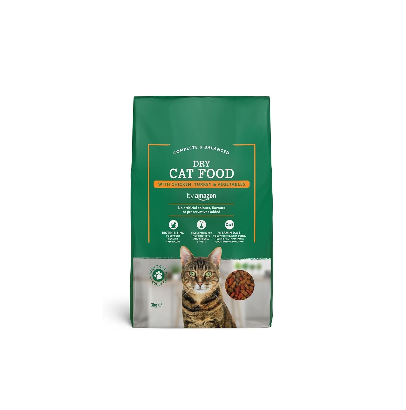 Alimento seco completo para gatos adultos con pollo, pavo y verduras by Amazon