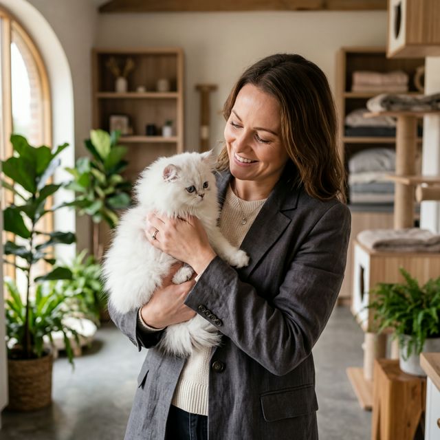 Criador profesional con gatito persa