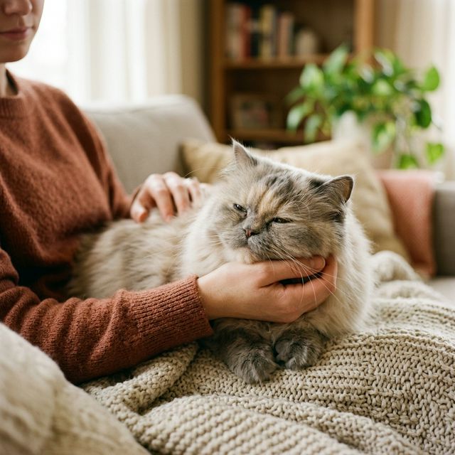 Persona acariciando a un gato persa