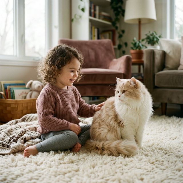 Niño jugando con gato persa
