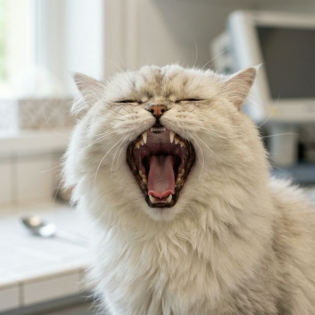 Gato persa bostezando (salud dental)